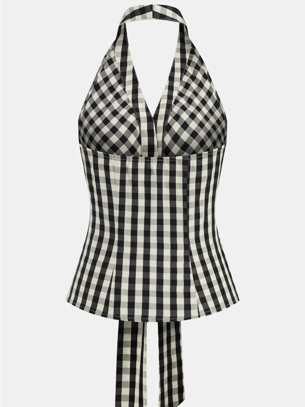 Commense Black & White Gingham Halter Tie-Front Top with Wide-Leg Pants Set - Picture 3 of 12